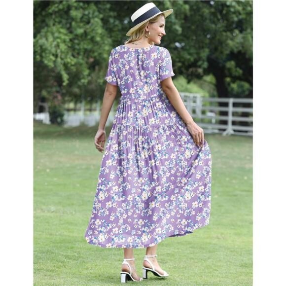 Women's‎ Casual Bohemian Floral Maxi Dress with Pockets, Short Sleeve, Loose Fit - Picture 4 of 6